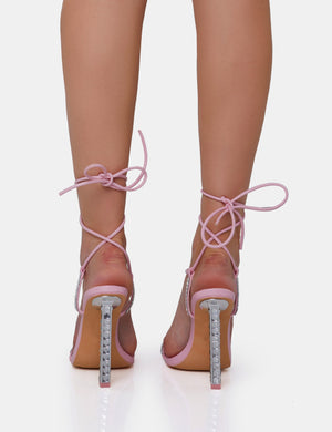 Babe Baby Pink Pu Lace Up Strappy Square Toe Barley There Thin Block High Heels