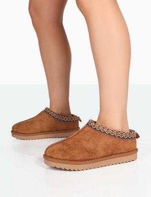 Tamsin Tan Faux Suede Embroidered Slipper Boots