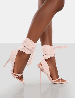 Brunchin Pink Linen Tie Up Stiletto Heels