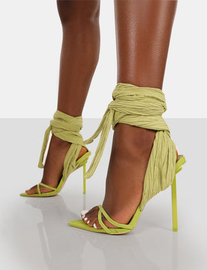 Brunchin Green Linen Tie Up Stiletto Heels