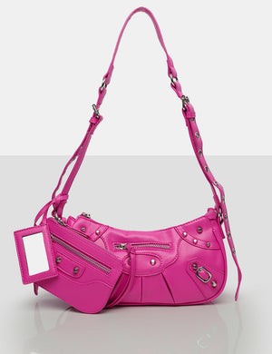 The Trackstar Bright Pink Pu Studded Mirror Zip Detail Handbag