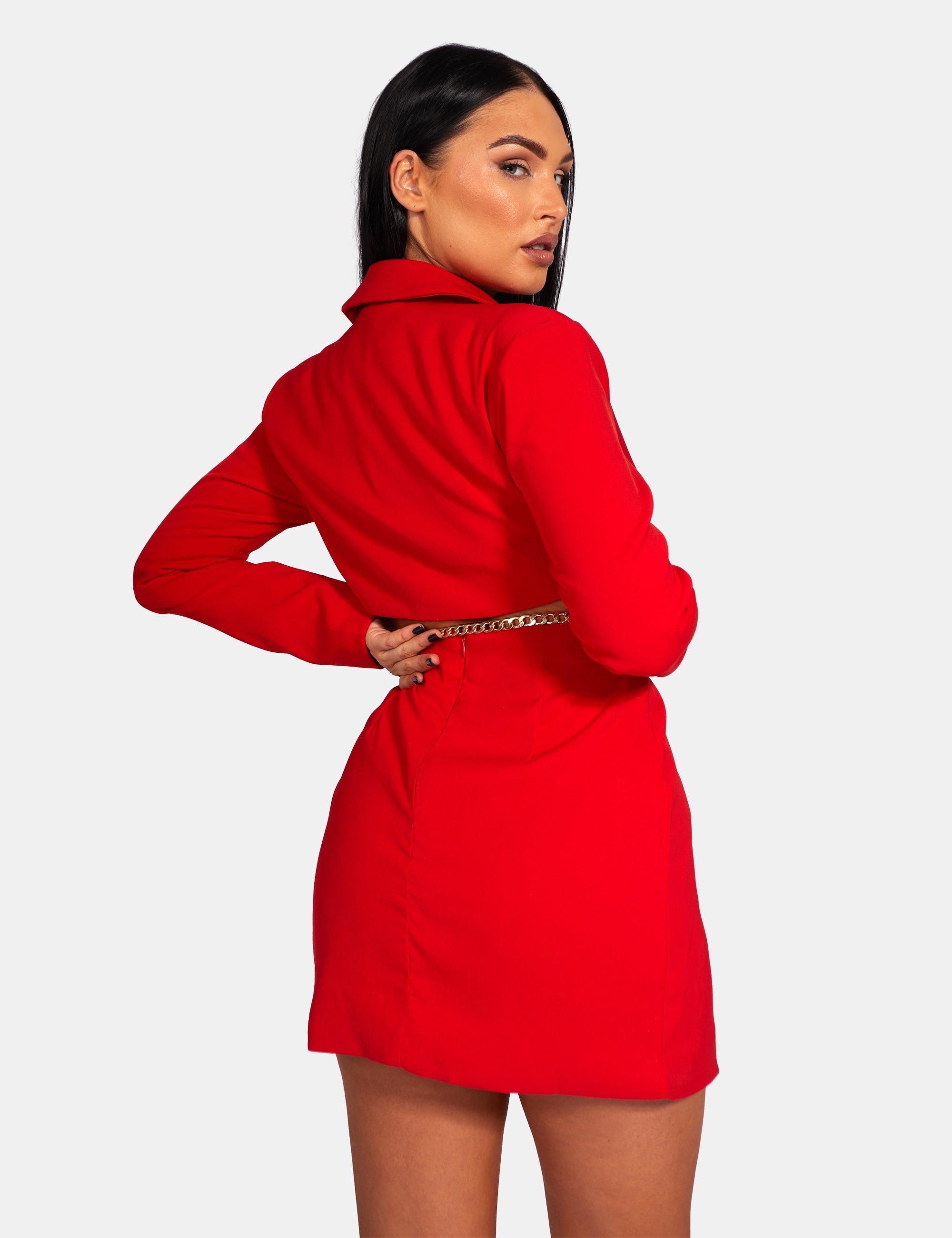 Red long store sleeve blazer dress