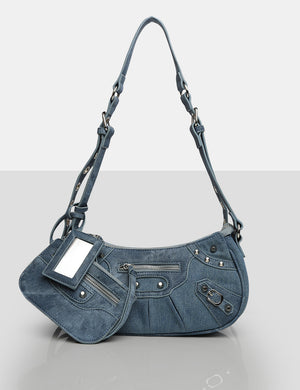 The Trackstar Denim Pu Studded Mirror Zip Detail Handbag