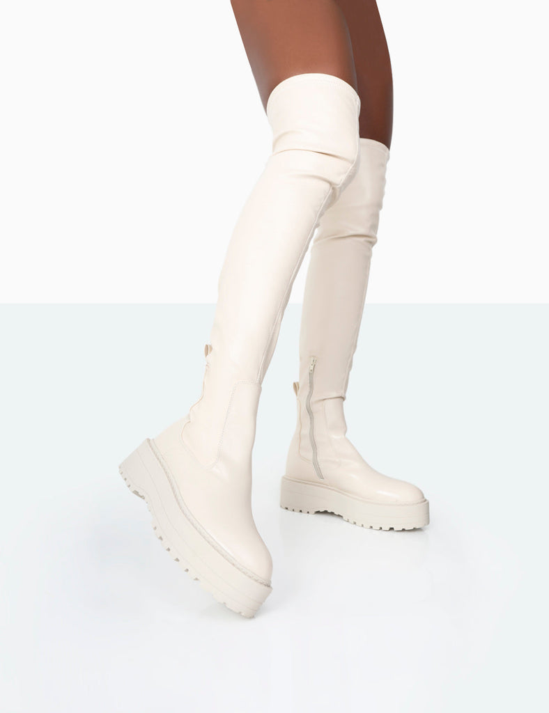 Pheonixe Ecru Pu Chunky Sole Round Toe Over The Knee Boots