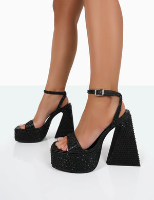 Raquel Black Diamante Open Toe Platform Block High Heel