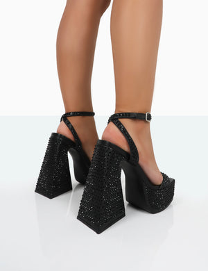 Raquel Wide Fit Black Diamante Open Toe Platform Block High Heel