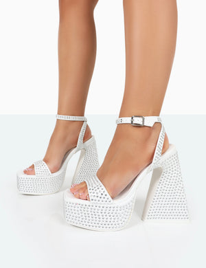 Raquel Wide Fit White Diamante Open Toe Platform Block High Heel