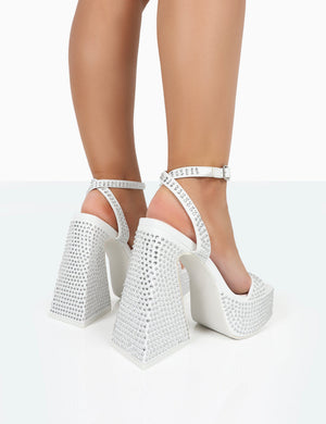 Raquel White Diamante Open Toe Platform Block High Heel