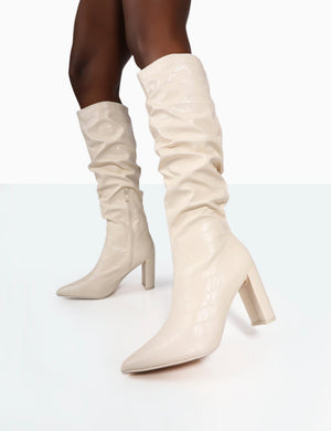 Mine Ecru Croc Pointed Toe Block Heeled Knee High Boots