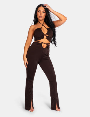 Loop Ruched High Waist Split Trousers Chocolate