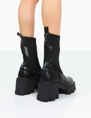 Everdeen Black PU And Knit Chunky Heeled Platform Sock Ankle Boots