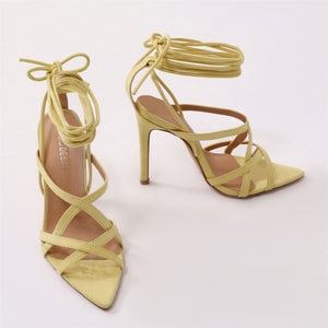 Sessy Pointed Lace Up Heels in Yellow Faux Suede