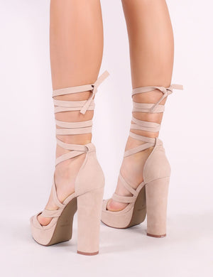 Stella Lace Up Heels in Nude Faux Suede