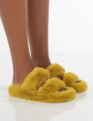 Bunny Mustard Double Strap Fluffy Slippers