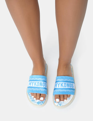 Jet Set Blue Embroidered Mykonos Print Slider Sandals