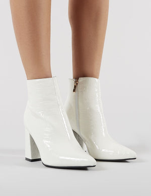 Hollie Pointed Toe Ankle Boots in White Croc