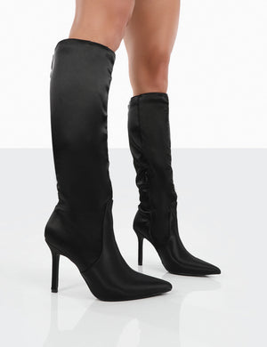 Best Believe Black Satin Pointed Toe Heeled Knee High Boots