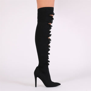Ari Raw Ripped Denim Over The Knee Boots in Black