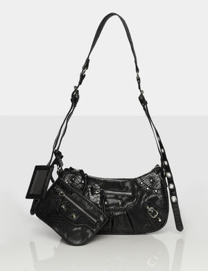 The Trackstar Black Croc Pu Studded Mirror Zip Detail Handbag