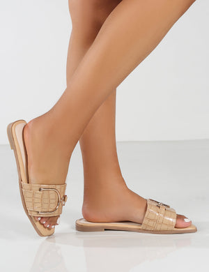 Adriana Beige Croc Gold Buckle Detail Flat Sandals