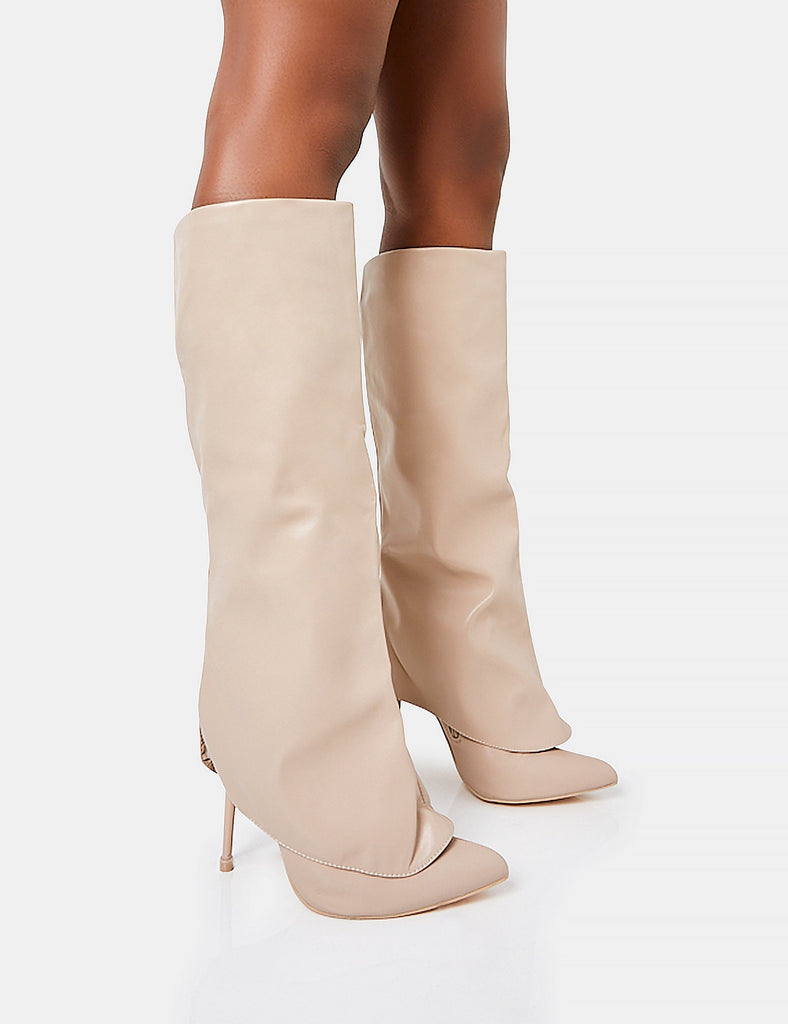 All Yours White Pu Fold Over Pointed Toe Stiletto Knee High Boots