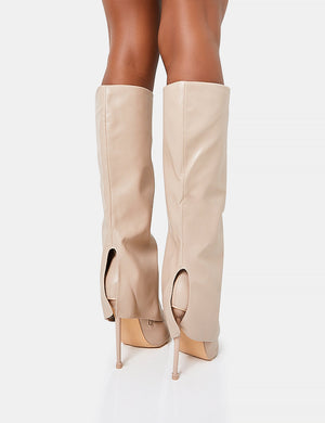 All Yours Nude Pu Fold Over Pointed Toe Stiletto Knee High Boots