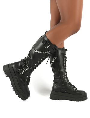 Amari Black Pu Lace Up Chunky Knee High Boots