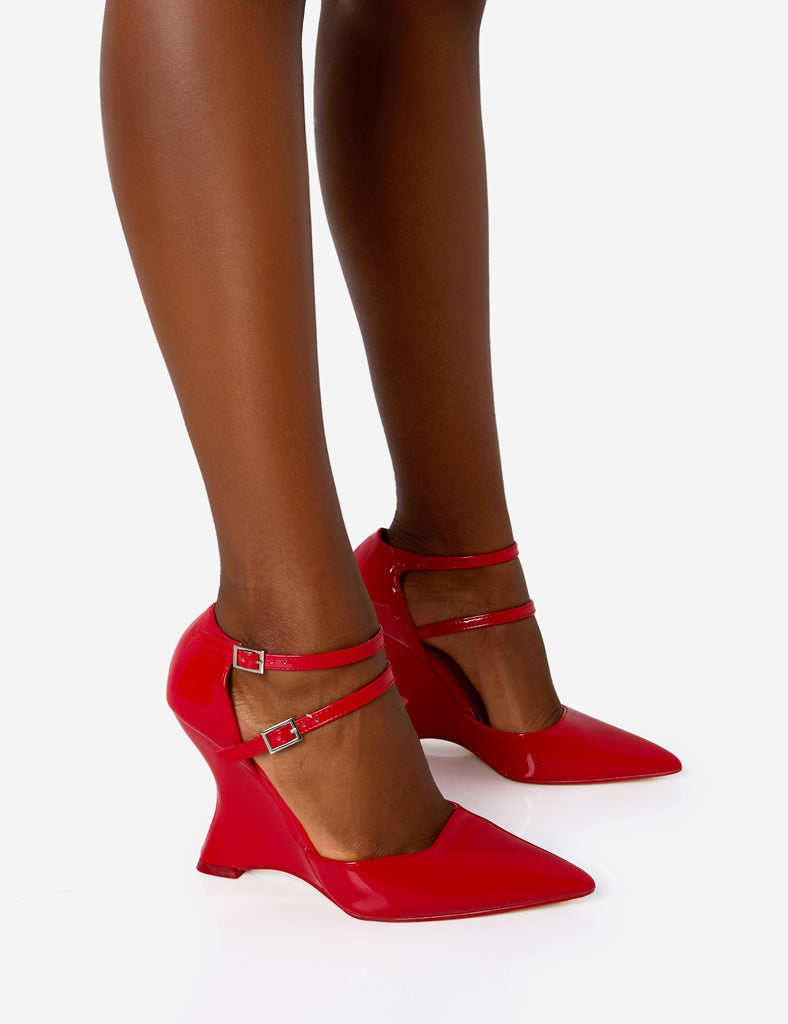Aspiration Red Patent Strappy Pointed Toe Platform Cut Out Wedge Heels