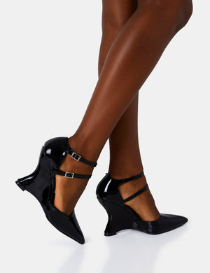Aspiration Black Patent Strappy Pointed Toe Platform Cut Out Wedge Heels
