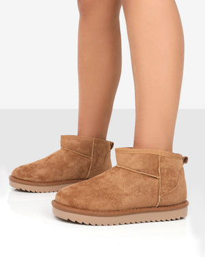 Frosty Tan Faux Suede Ultra Mini Ankle Boots