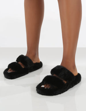 Bunny Black Double Strap Fluffy Slippers