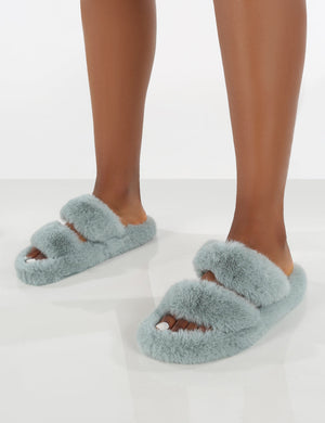 Bunny Light Blue Double Strap Fluffy Slippers