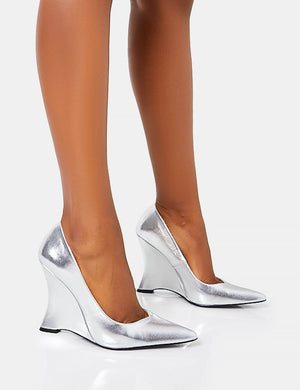 Betty Silver Mirror Metallic Pu Pointed Toe Inverted Wedge Pointed Court Heels