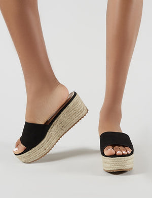 Cami Flatform Espadrille Sliders in Black Faux Suede