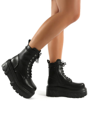 Capture Black Extreme Chunky Platform Sole Ankle Lace Up Boots