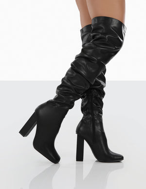 Cassia Black Square Toe Block Heel Over The Knee Boots