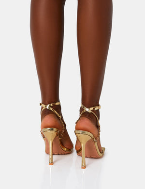 Catwalk Gold Pu Chain Strappy Square Toe Stiletto Heels