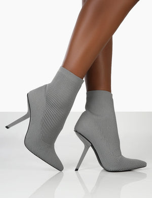 Chantelle Grey Pointed Toe Stiletto Heel Sock Boots