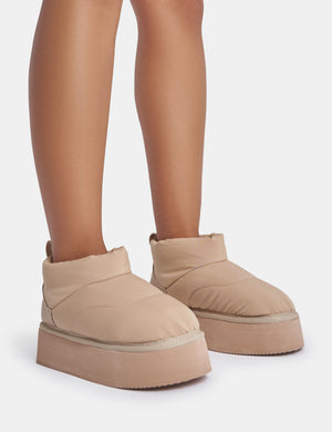 Chill Out Beige Nylon Puffer Ultra Mini Ankle Platform Boots
