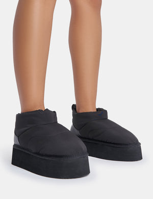 Chill Out Black Nylon Puffer Ultra Mini Ankle Platform Boots