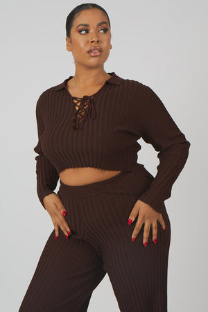 Curve Lace Up Ribbed Knitted Crop Top Chocolate