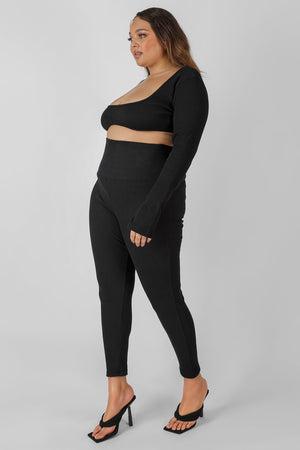 Curve Thick Waistband Ribbed Leggings Black
