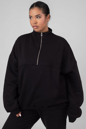 Curve Oversized Half Zip Pocket Front Sweatshirt Black