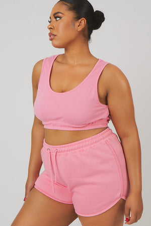 Curve Elasticated Waist Sweat Scoop Neck Crop Top Pink