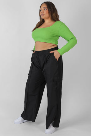 Curve Long Sleeve Square Neck Crop Top Green