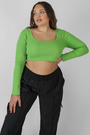 Curve Long Sleeve Square Neck Crop Top Green