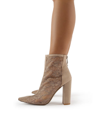 Cynthia Nude Faux Suede Lace Mesh Heeled Ankle Boot