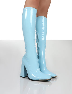 Caryn Blue Pu Knee High Heeled Boots