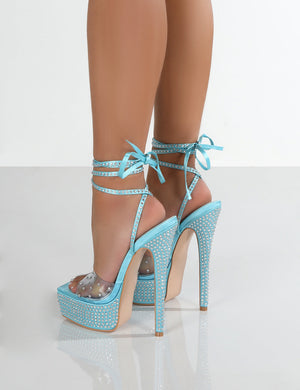 Celeste Blue Satin Square Toe Diamante Clear Perspex Ankle Tie Heels