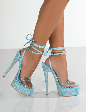 Celeste Blue Satin Square Toe Diamante Clear Perspex Ankle Tie Heels